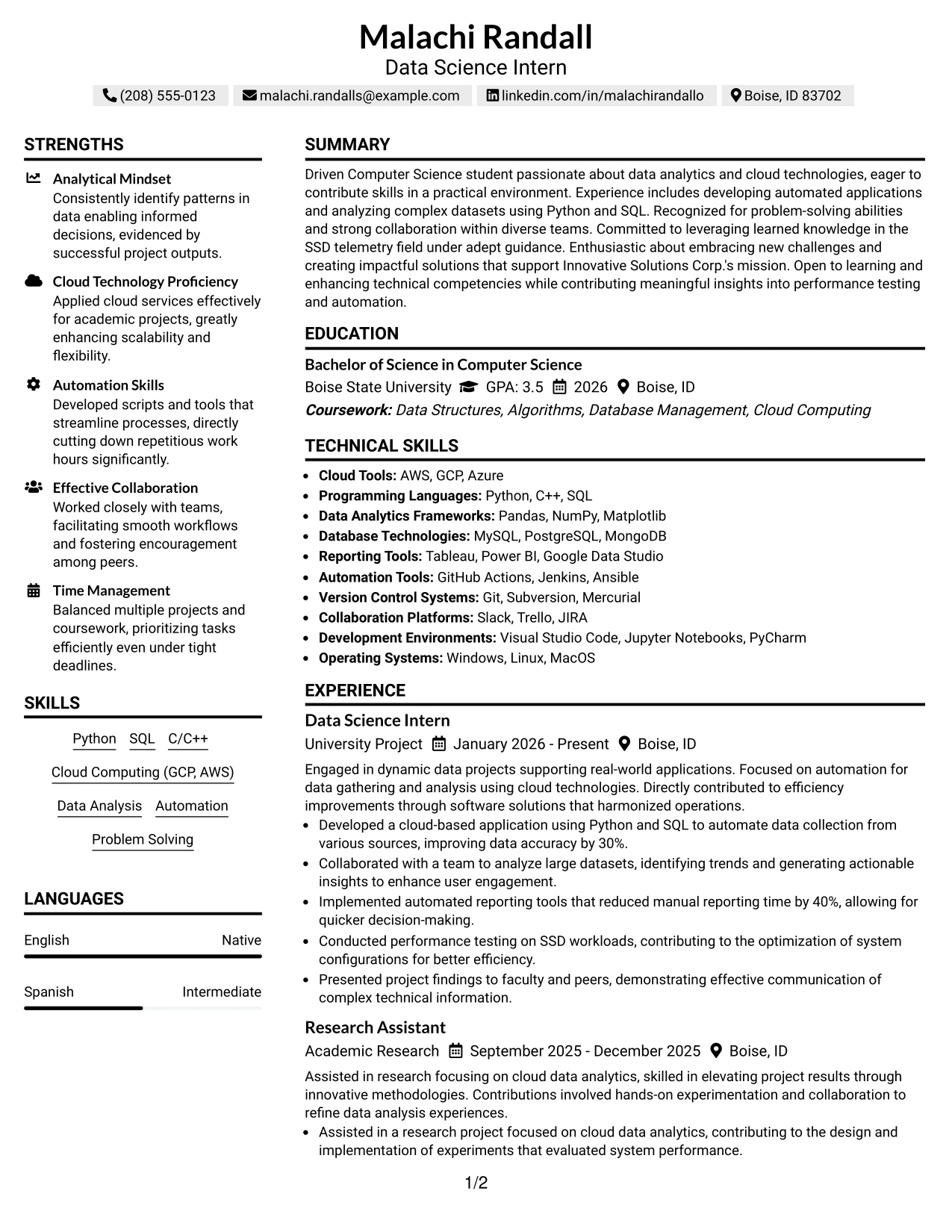 Resume Example Page 1