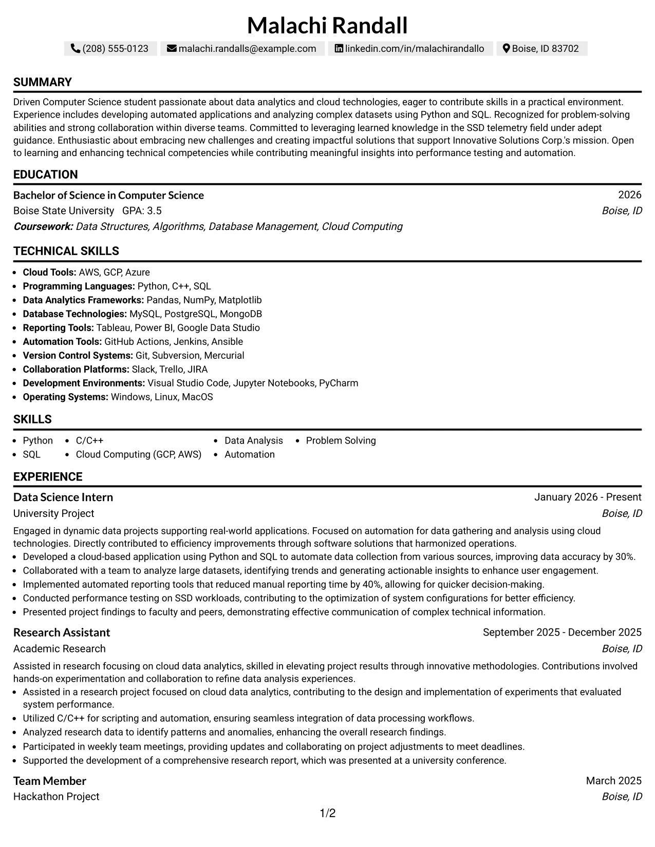 Resume Example Page 1