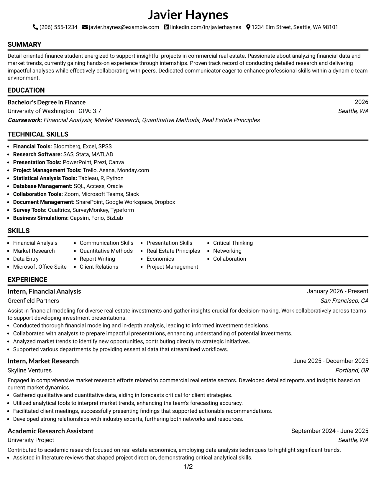 Resume Example Page 1