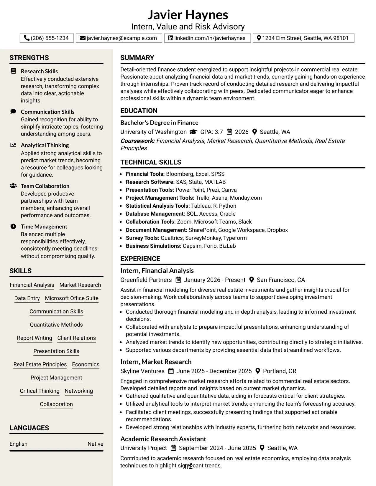 Resume Example Page 1