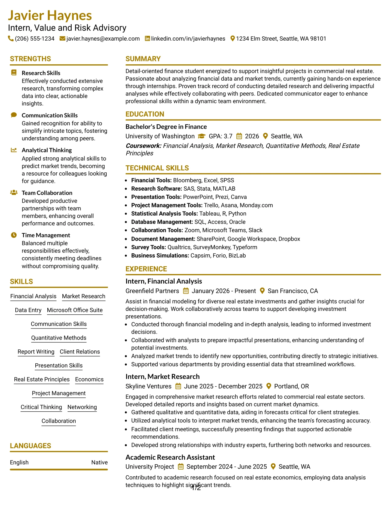 Resume Example Page 1