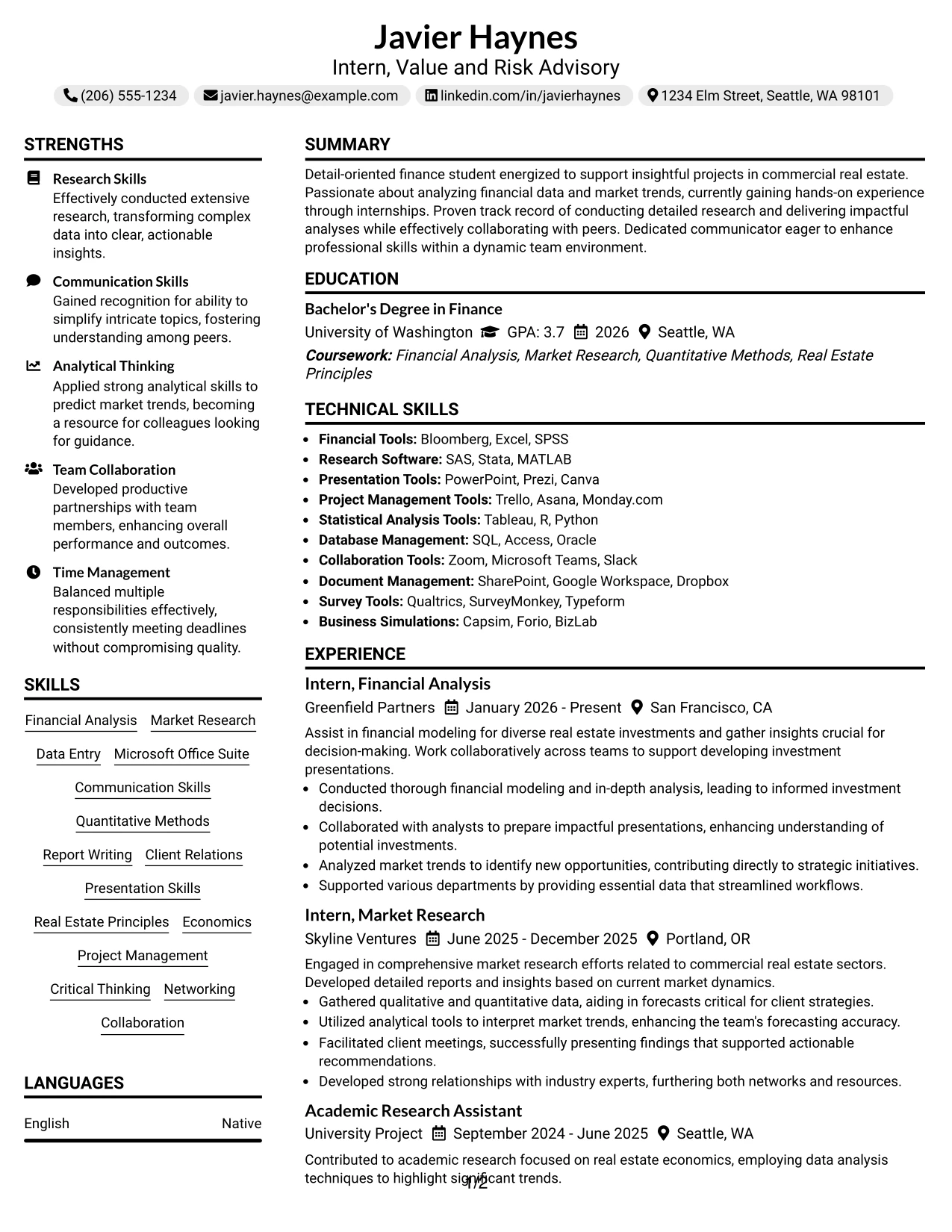 Resume Example Page 1