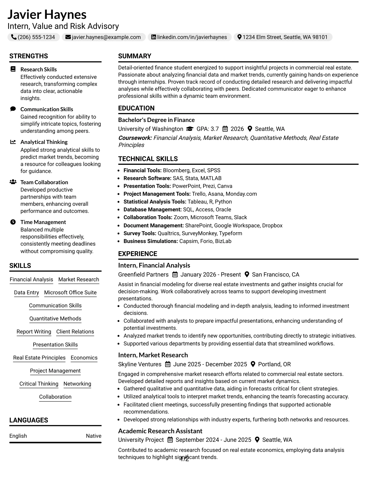 Resume Example Page 1