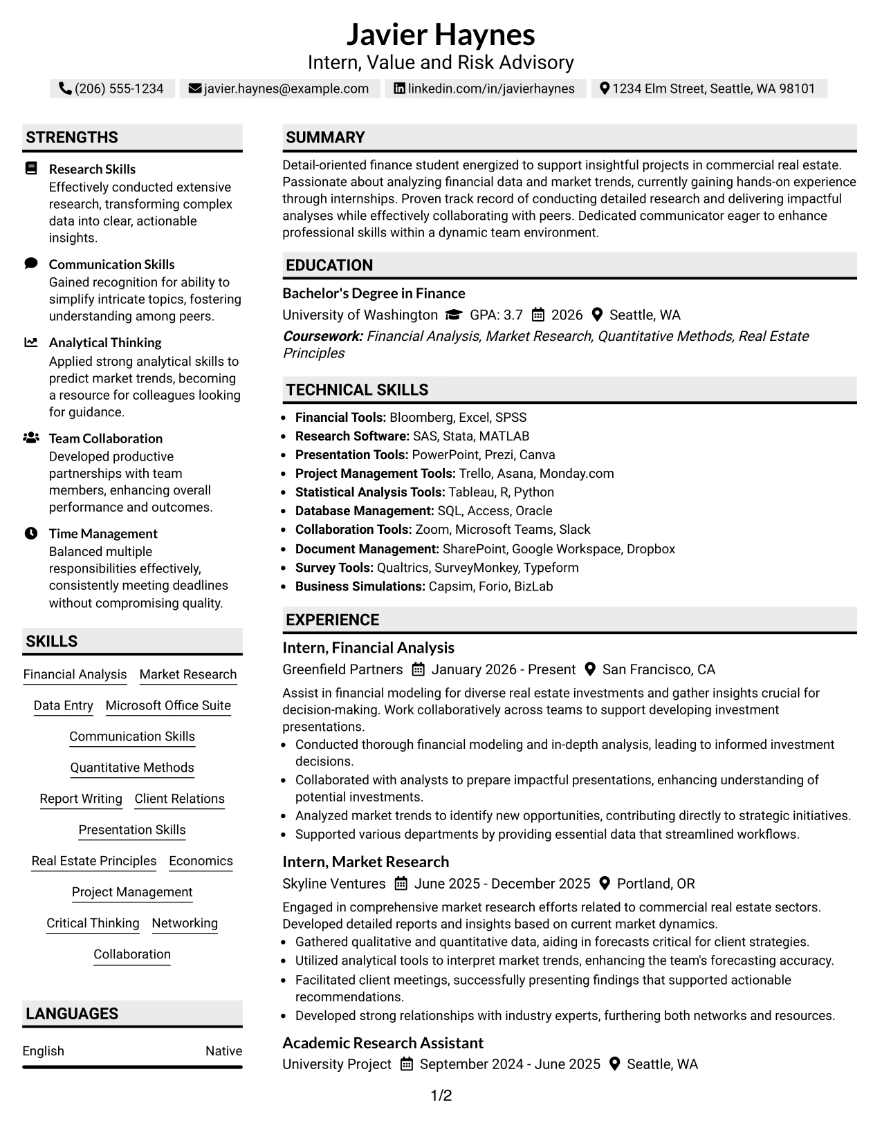 Resume Example Page 1