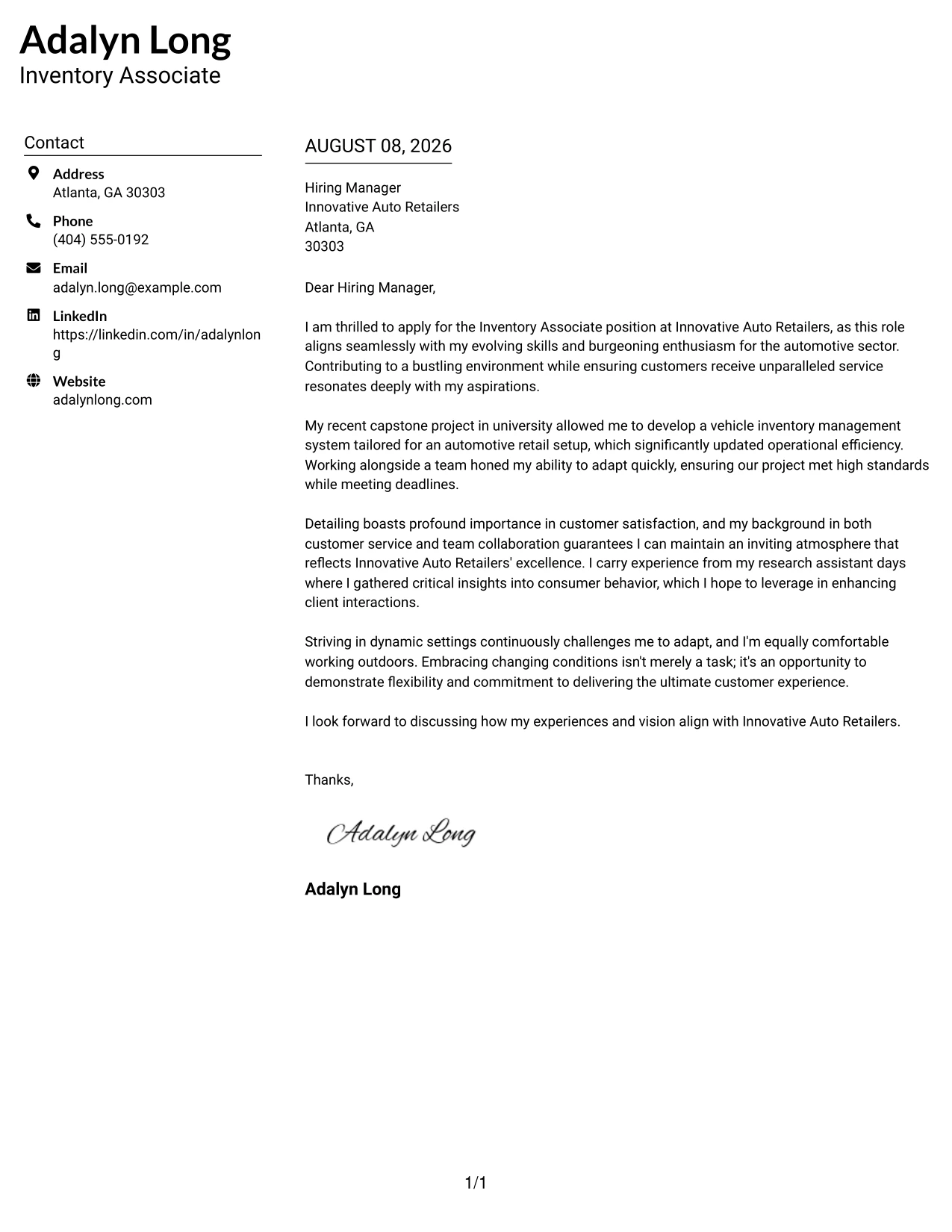 Resume Example Page 1