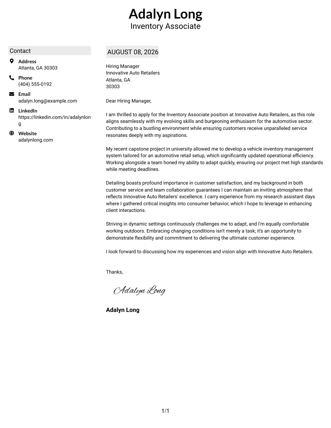 Resume Example Page 1