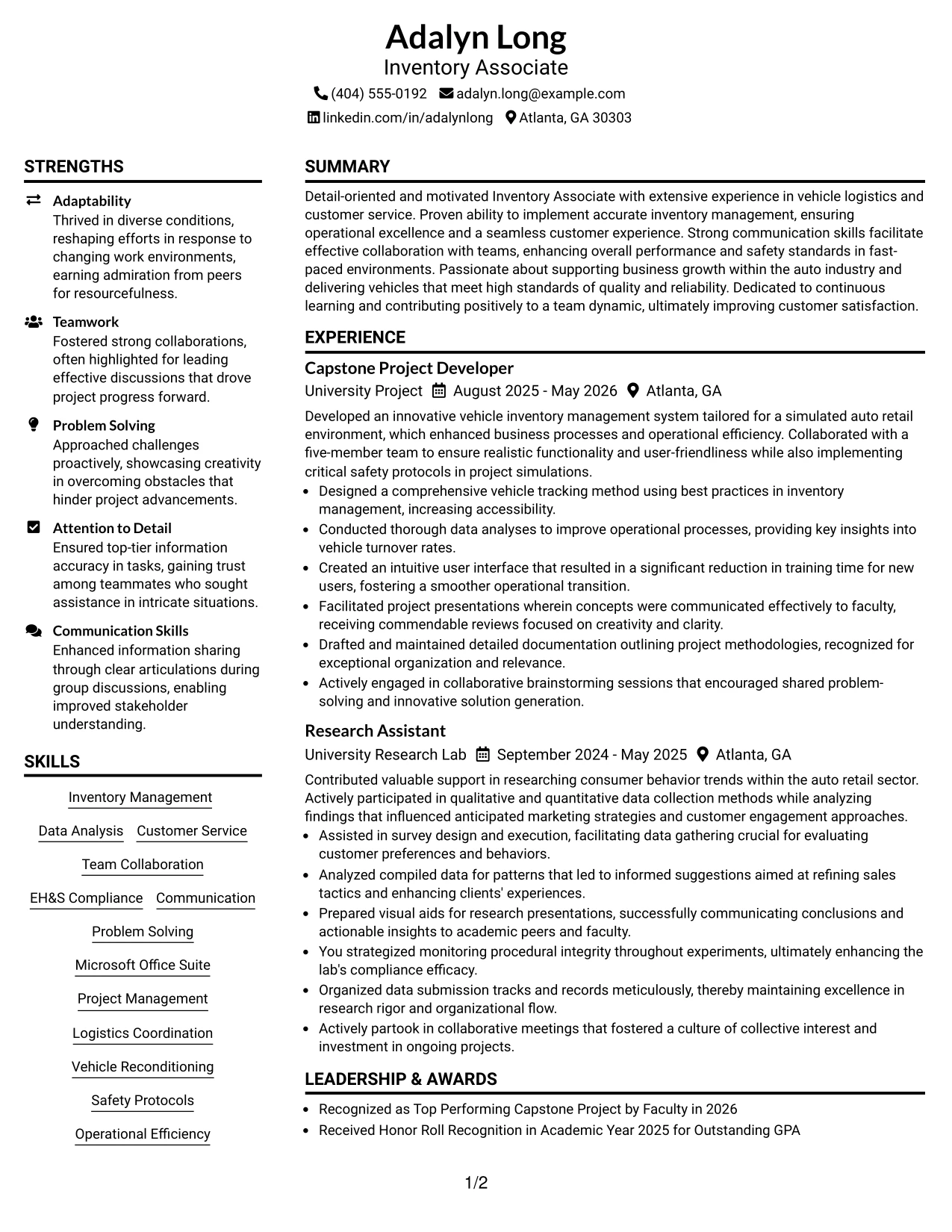 Resume Example Page 1