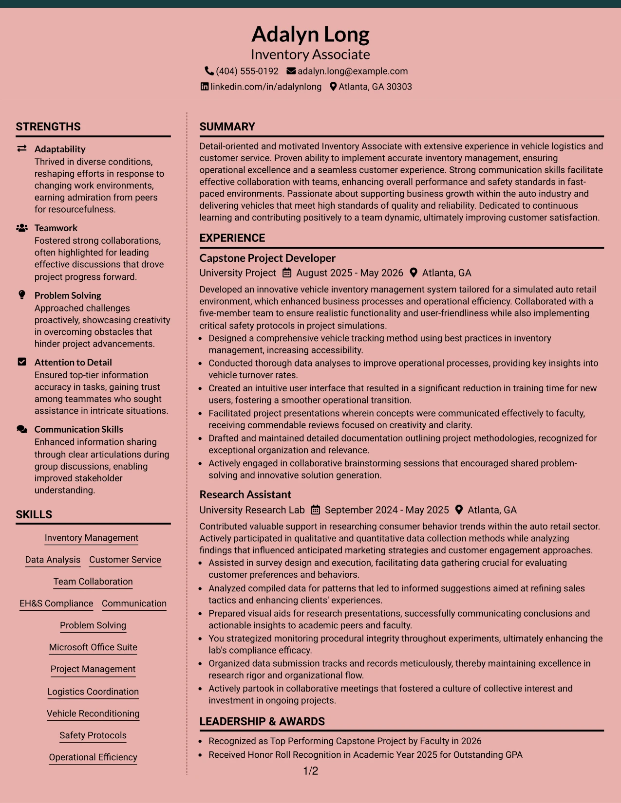 Resume Example Page 1
