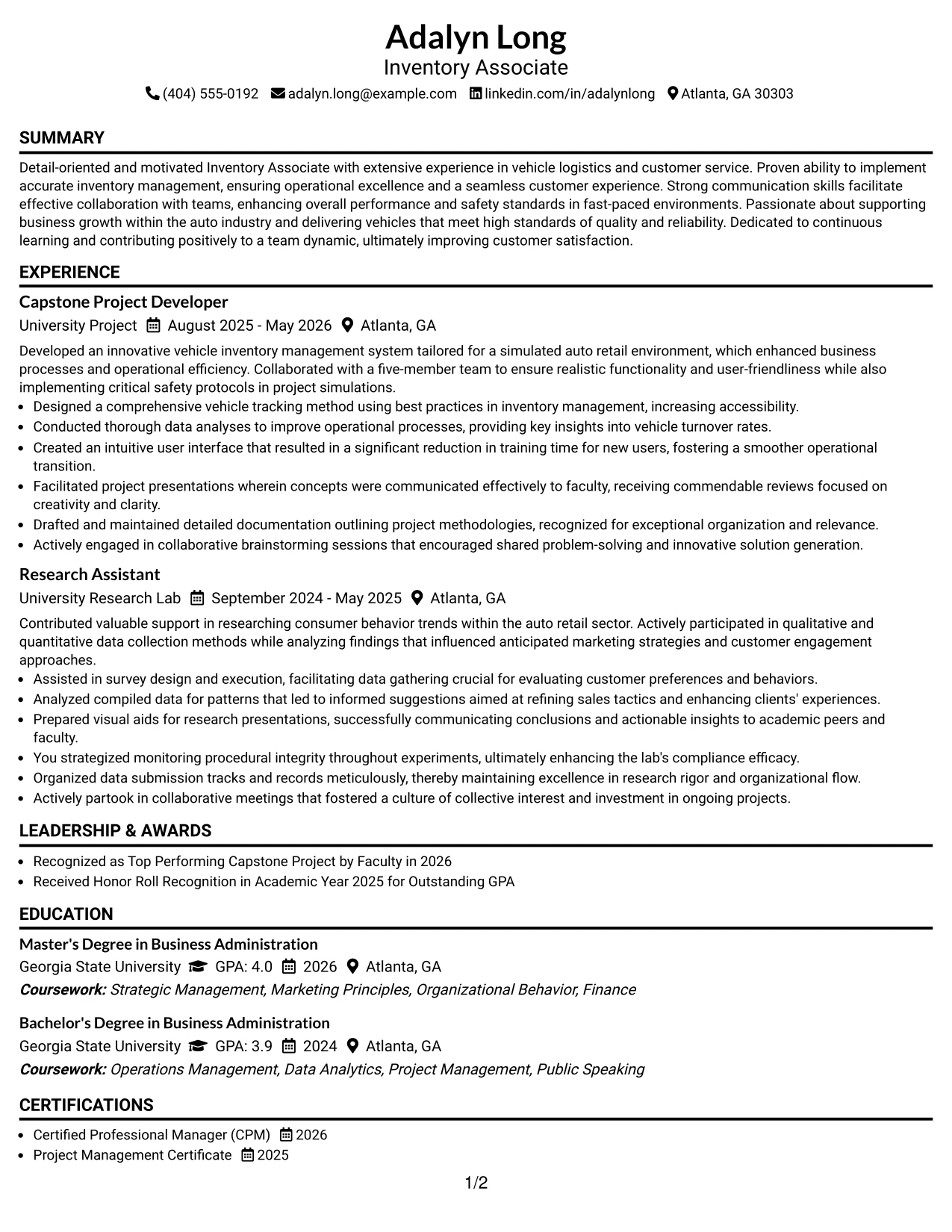 Resume Example Page 1