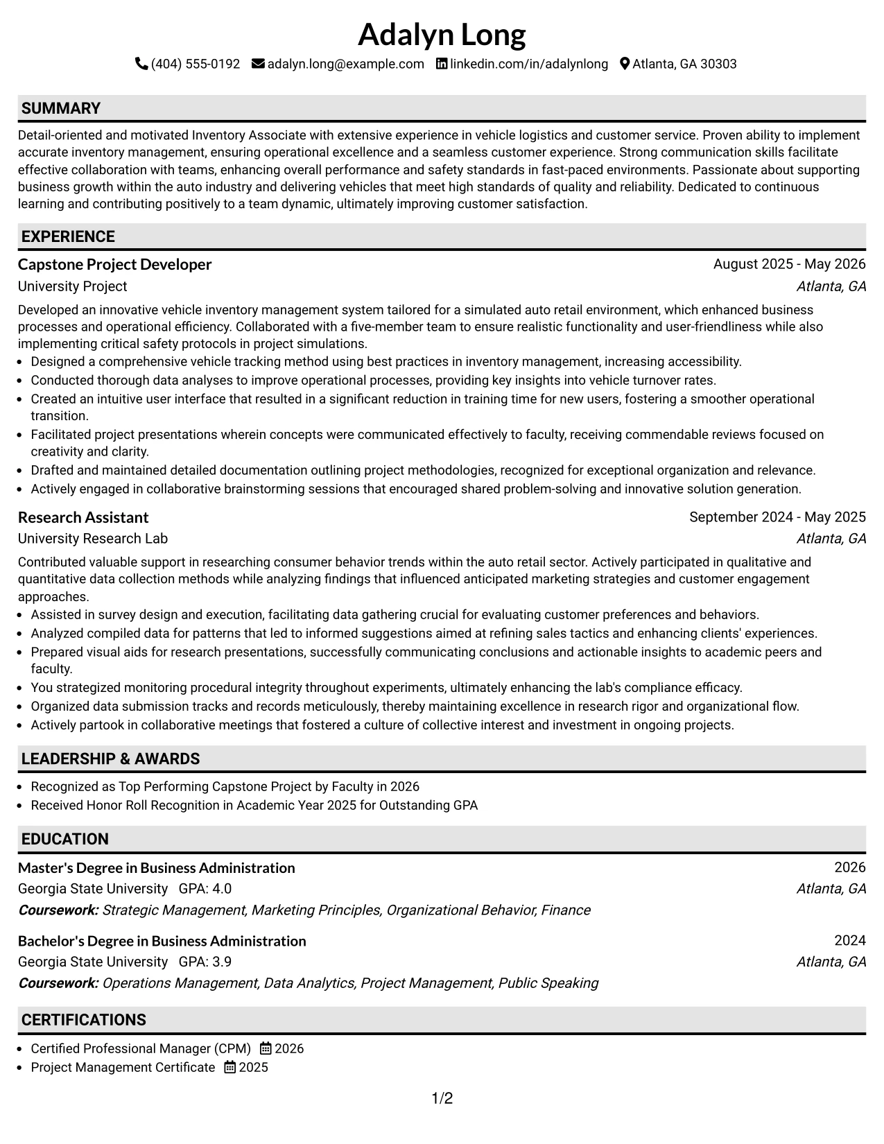 Resume Example Page 1