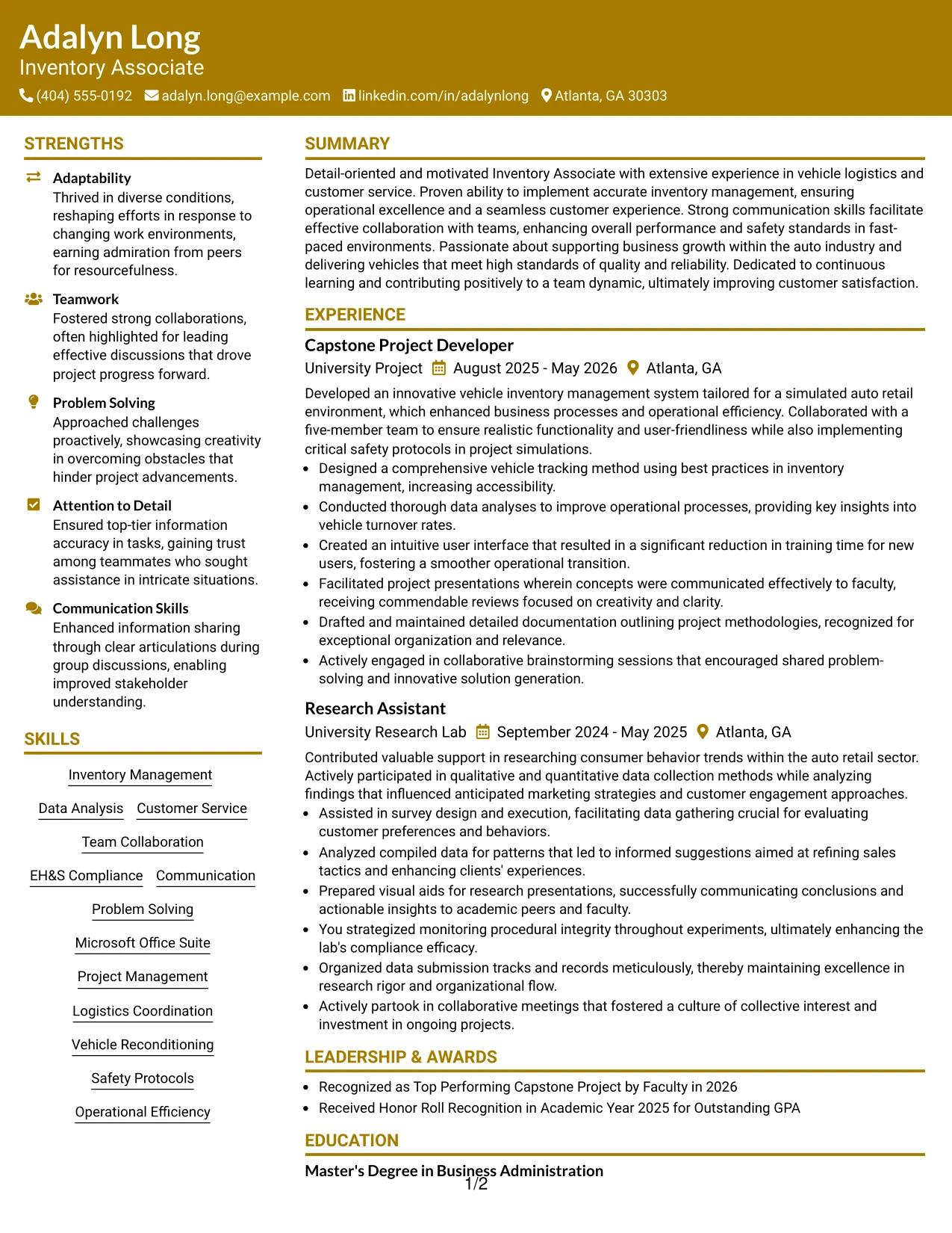 Resume Example Page 1
