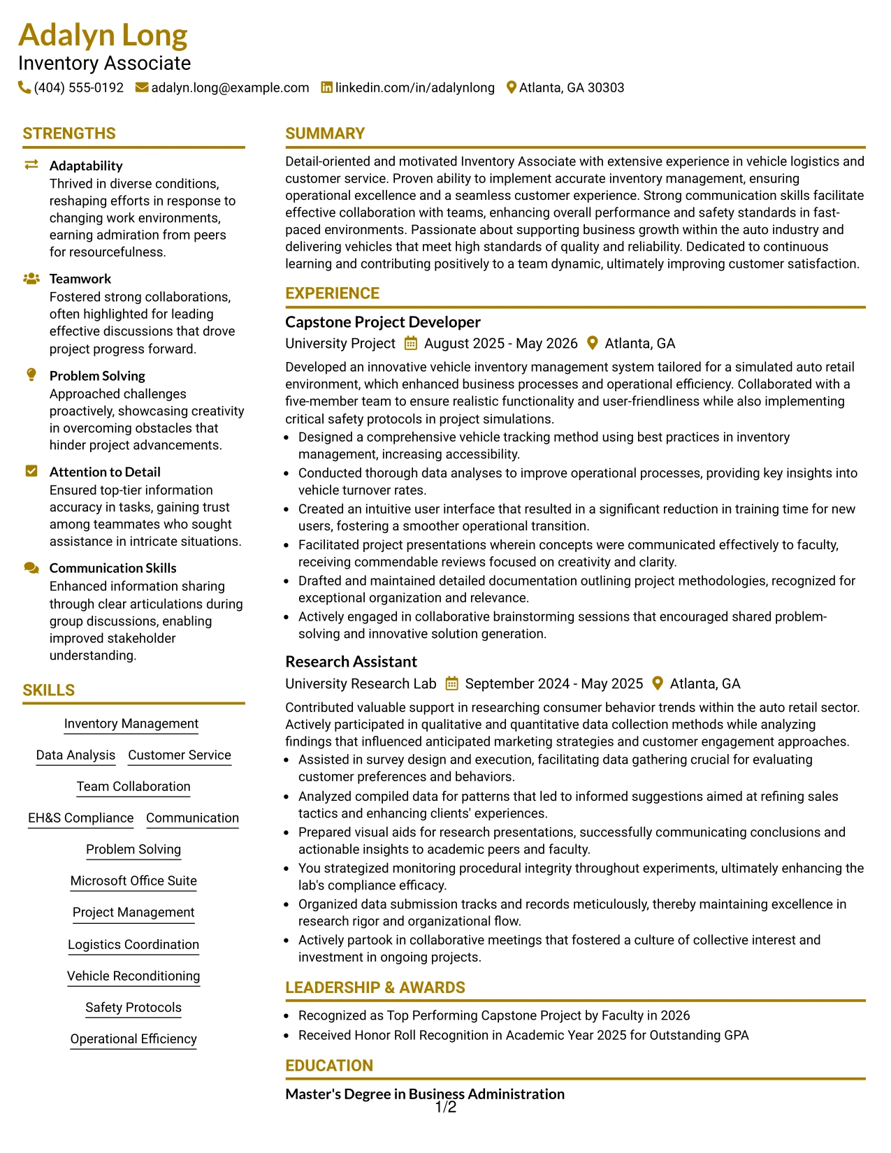 Resume Example Page 1