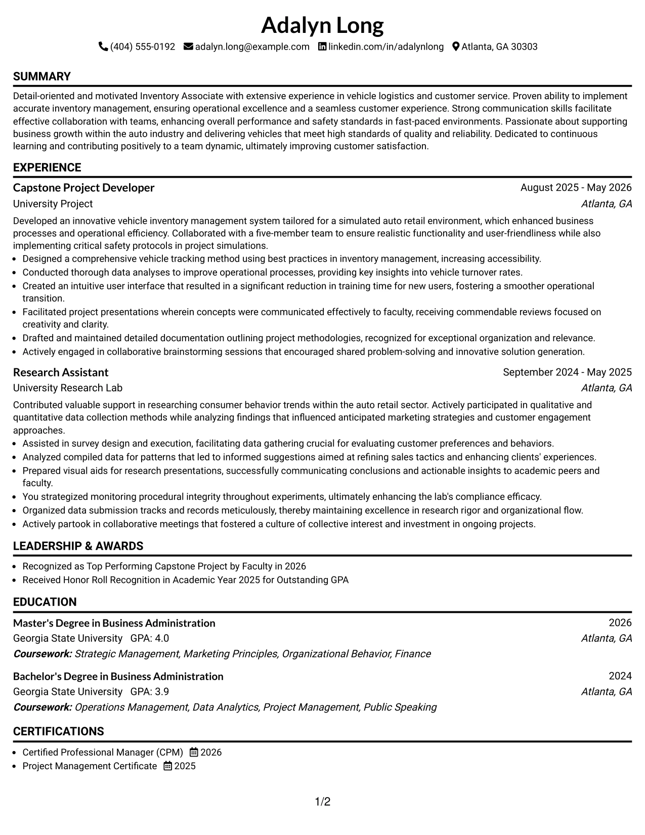 Resume Example Page 1