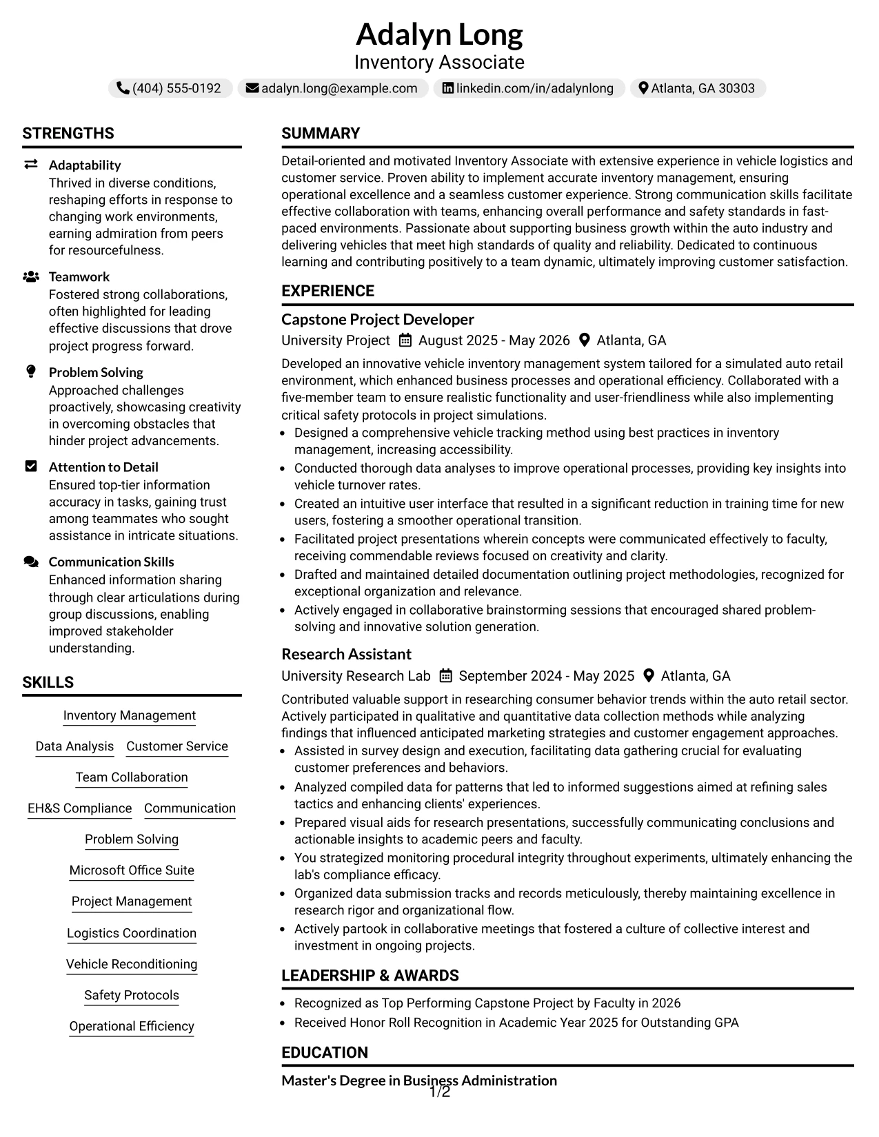 Resume Example Page 1