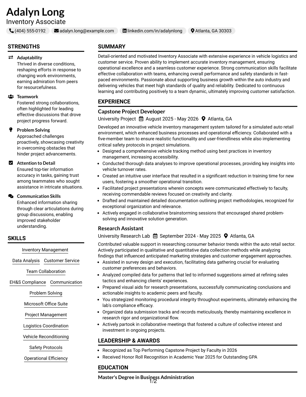 Resume Example Page 1