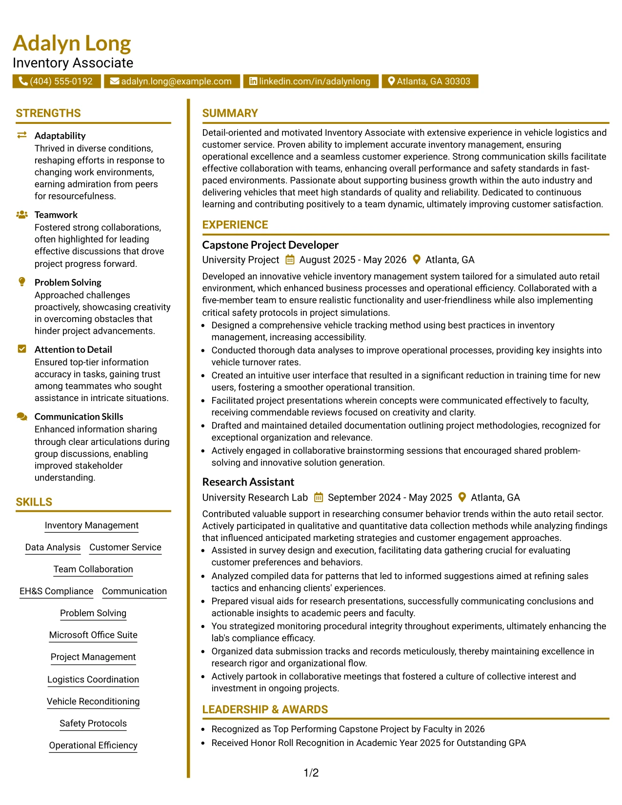 Resume Example Page 1