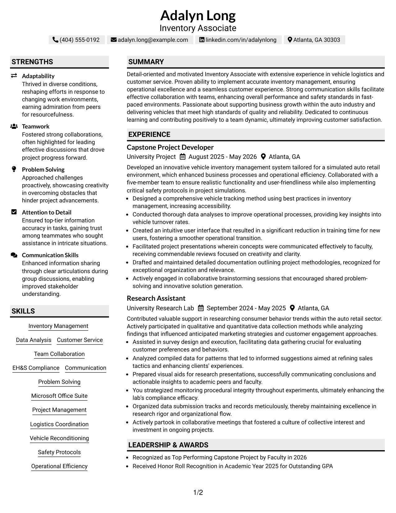 Resume Example Page 1