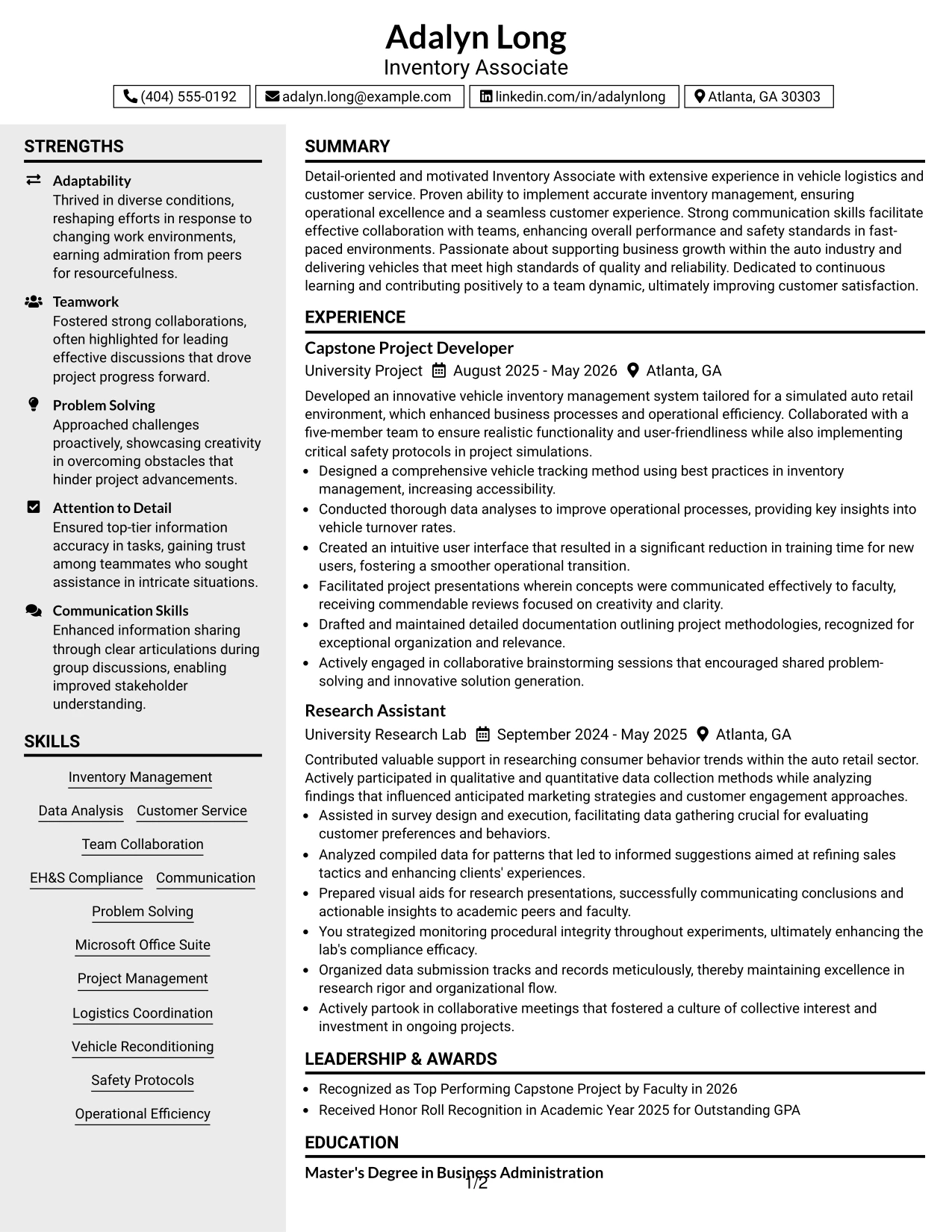 Resume Example Page 1