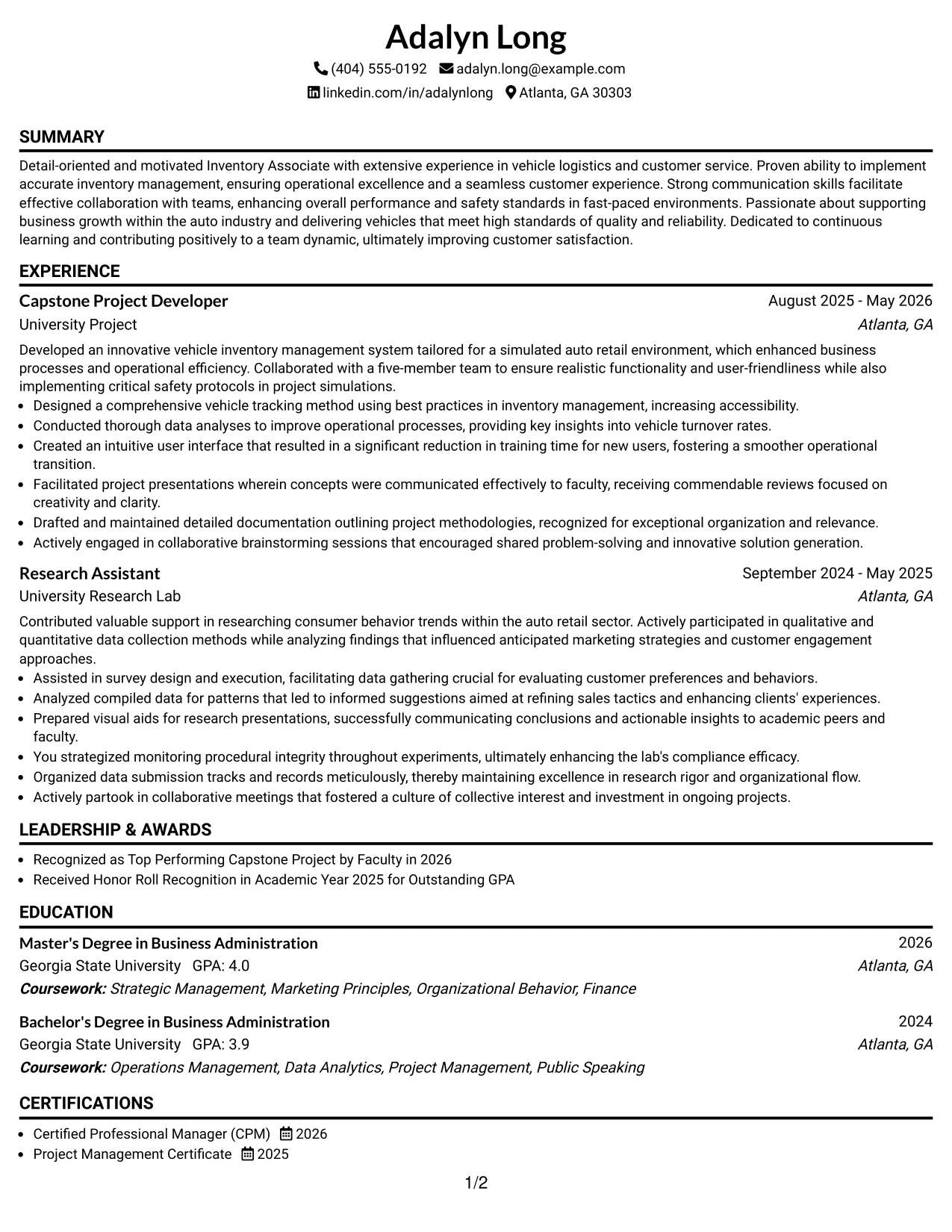 Resume Example Page 1