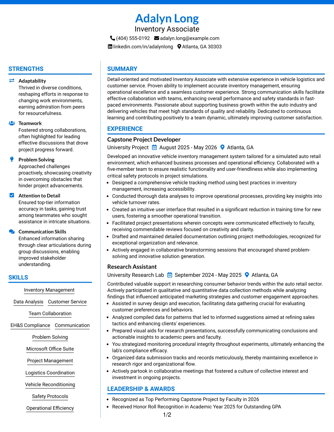 Resume Example Page 1