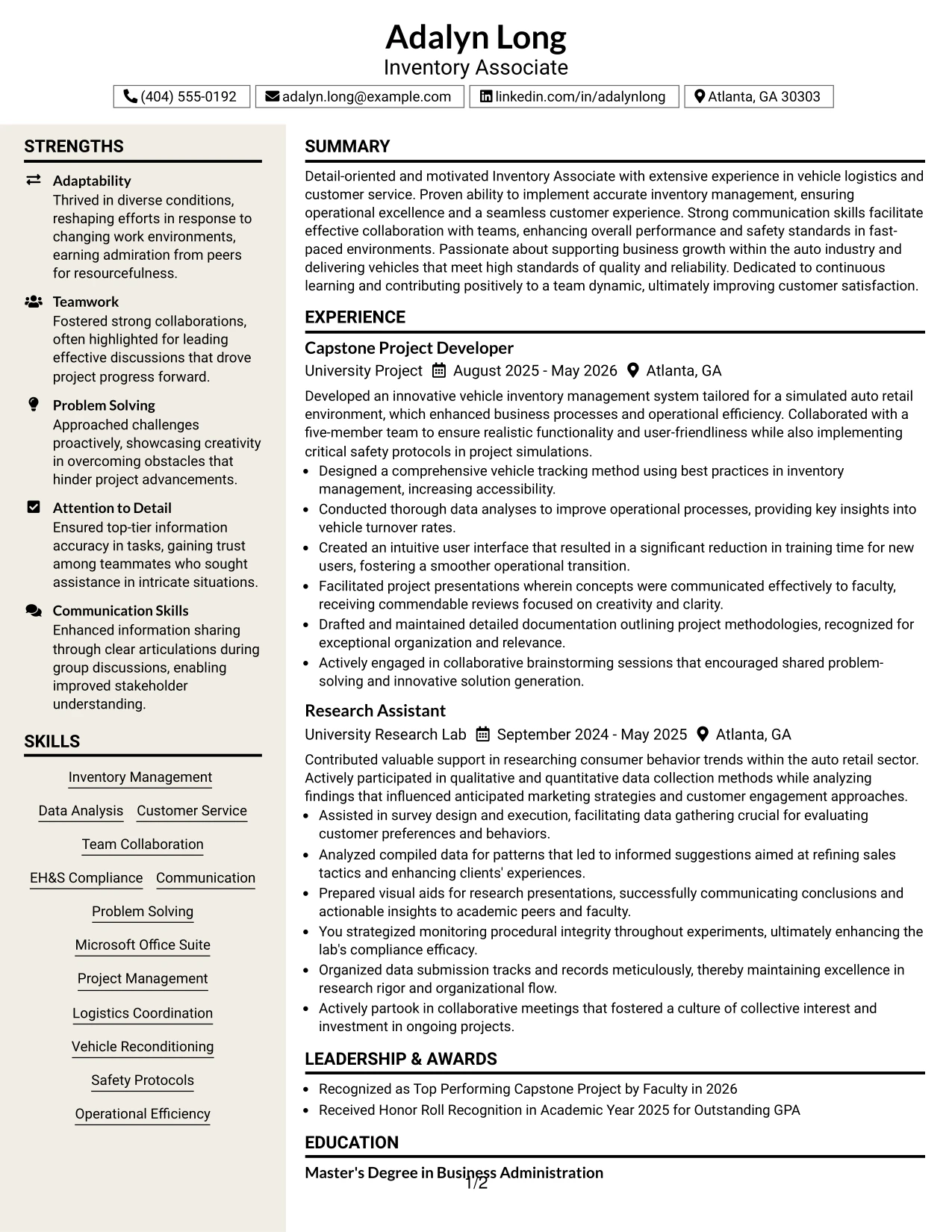 Resume Example Page 1