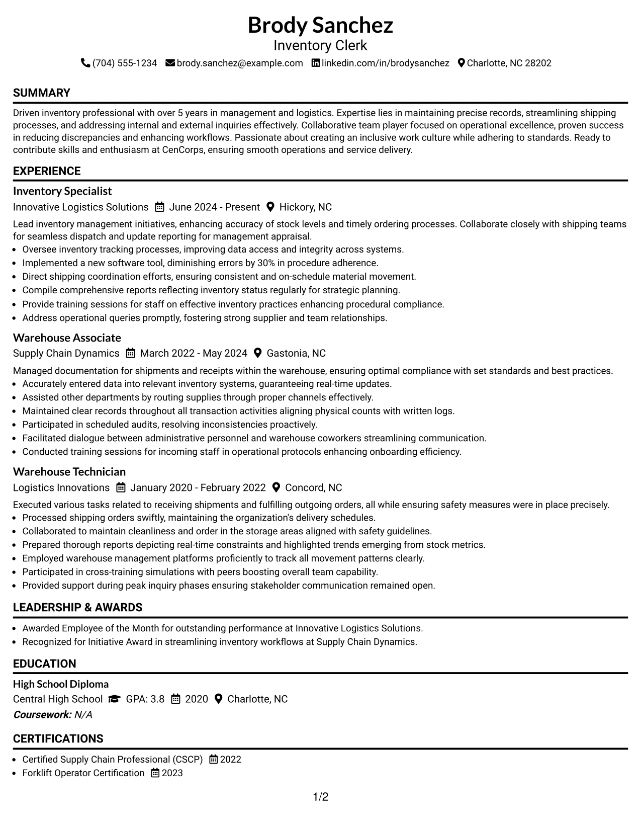 Resume Example Page 1