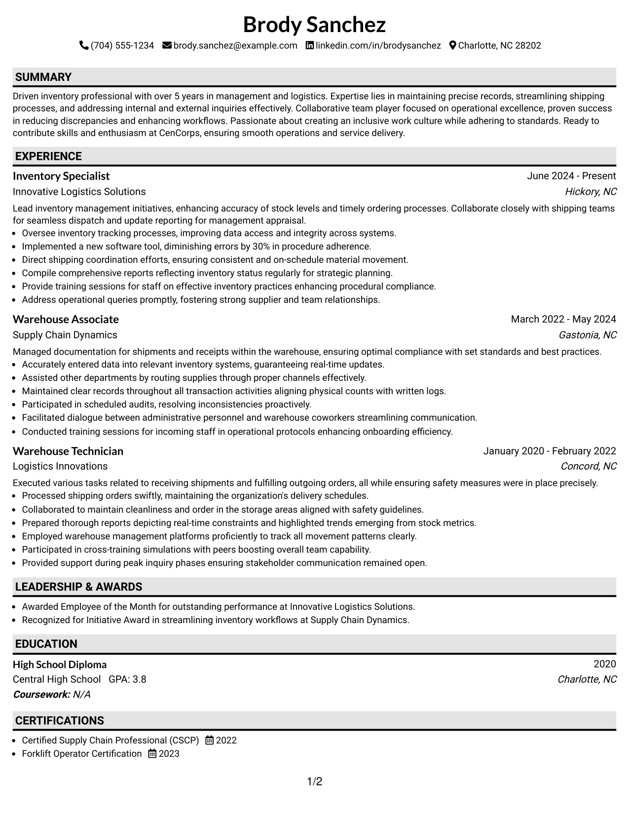 Resume Example Page 1