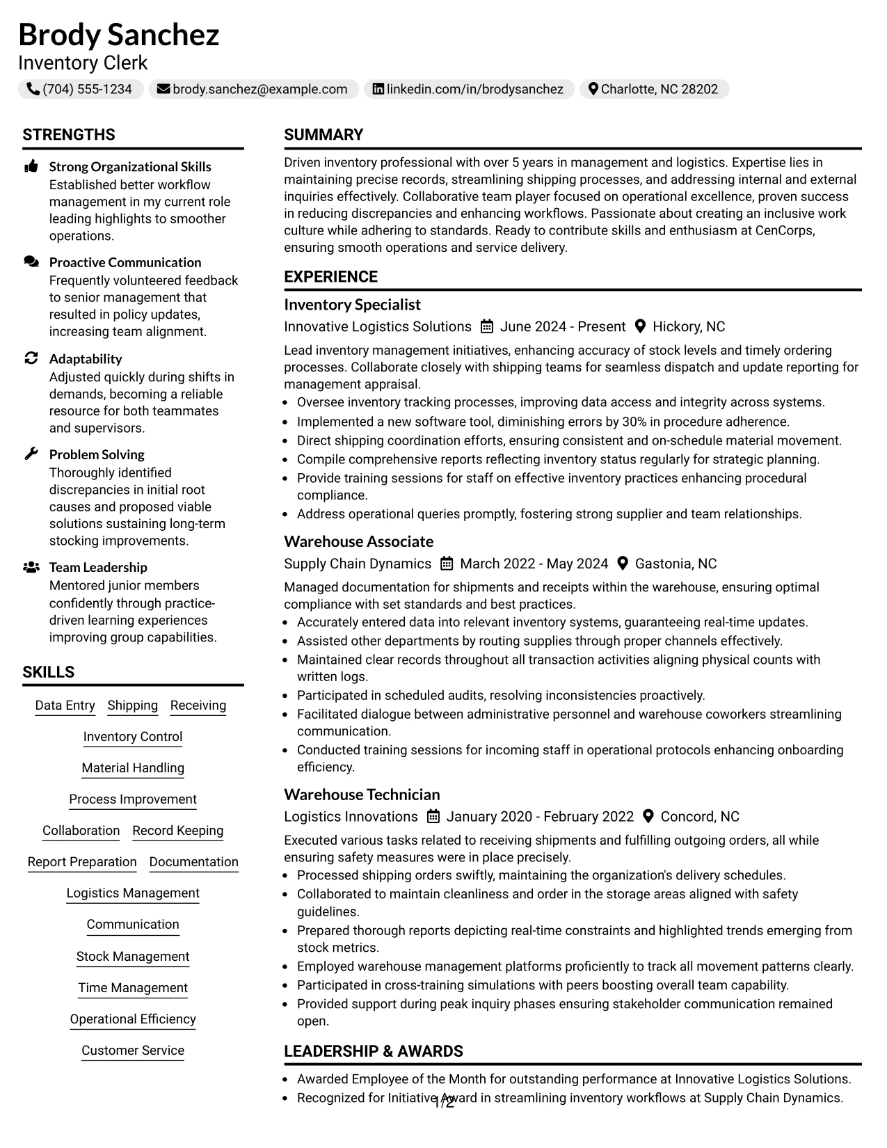 Resume Example Page 1