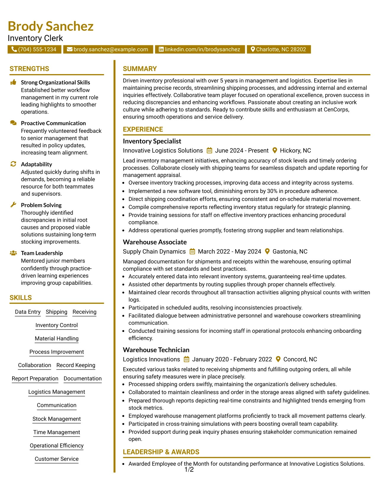 Resume Example Page 1