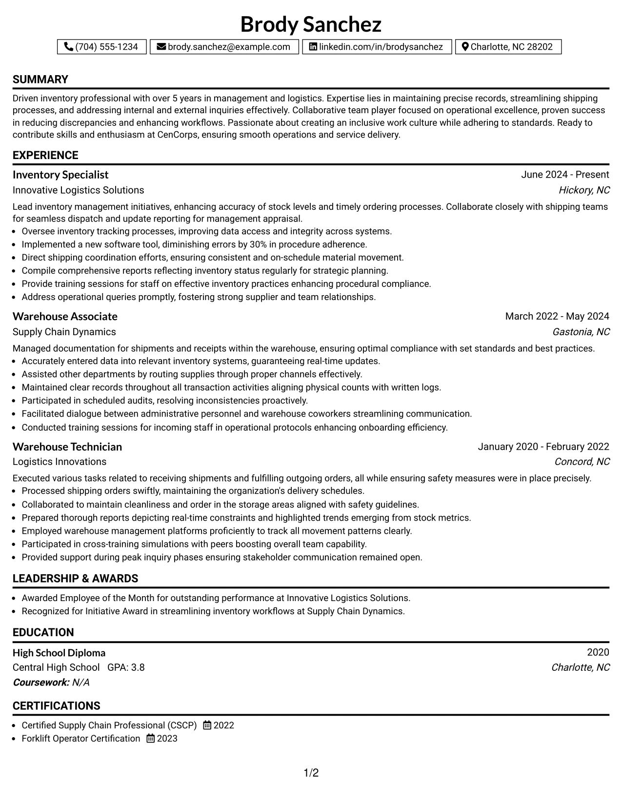 Resume Example Page 1
