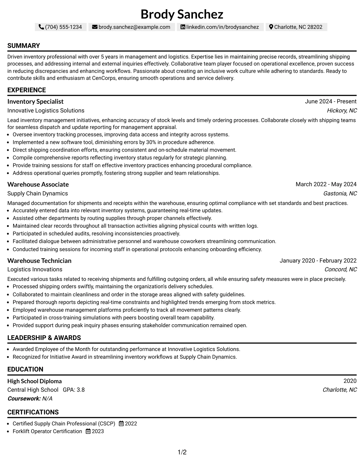 Resume Example Page 1