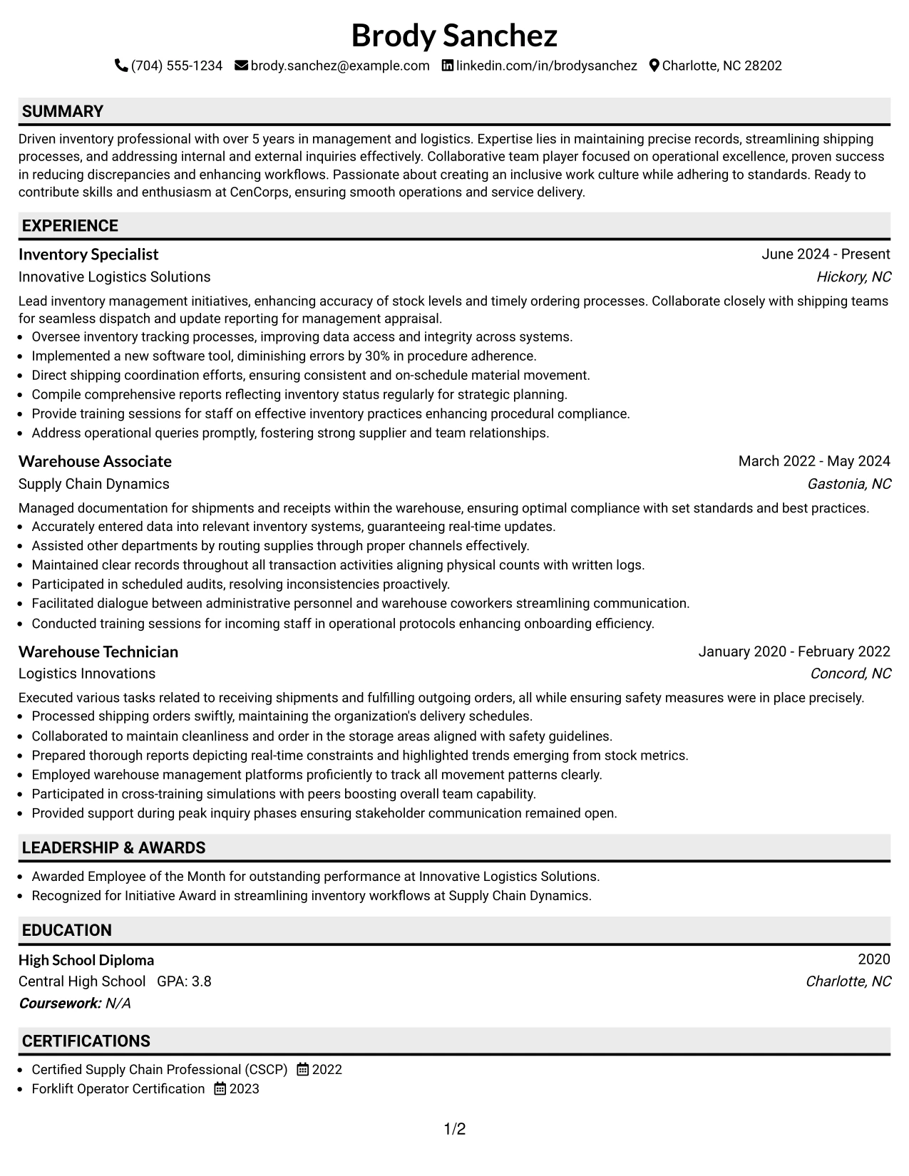 Resume Example Page 1