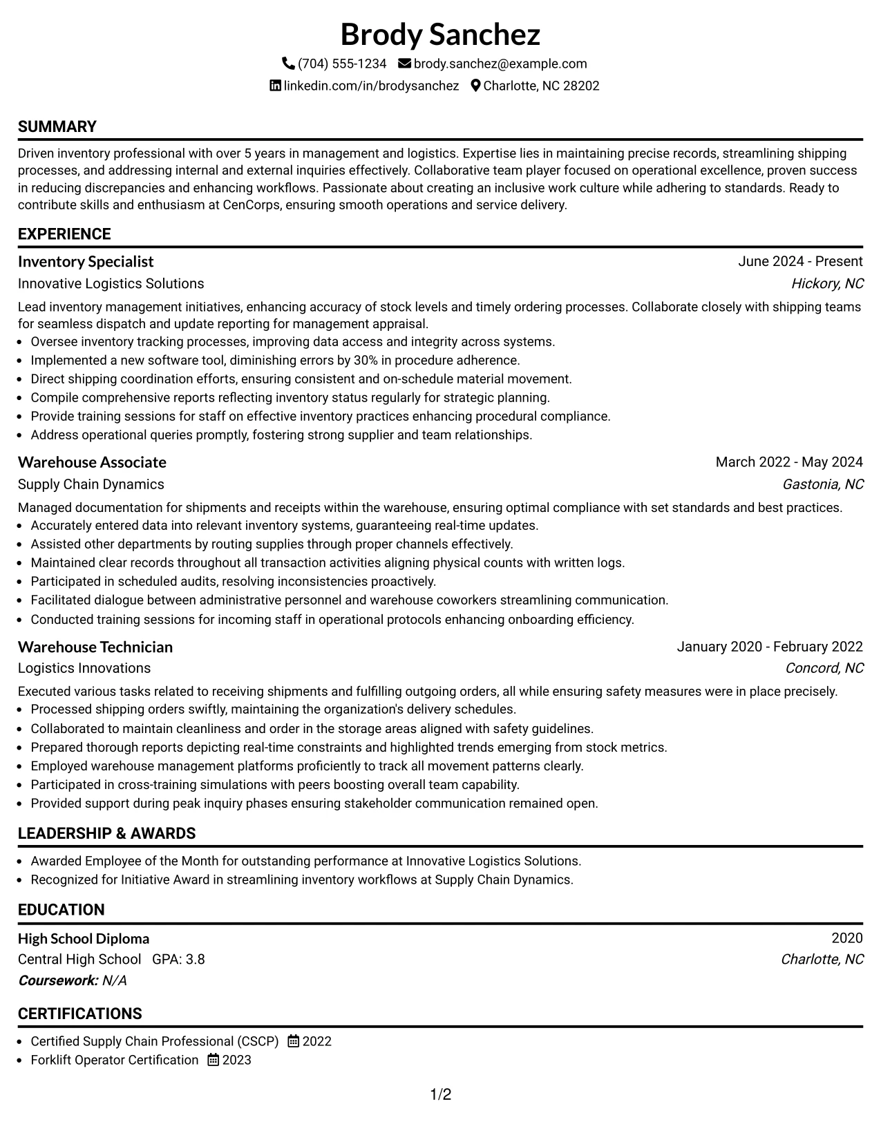 Resume Example Page 1