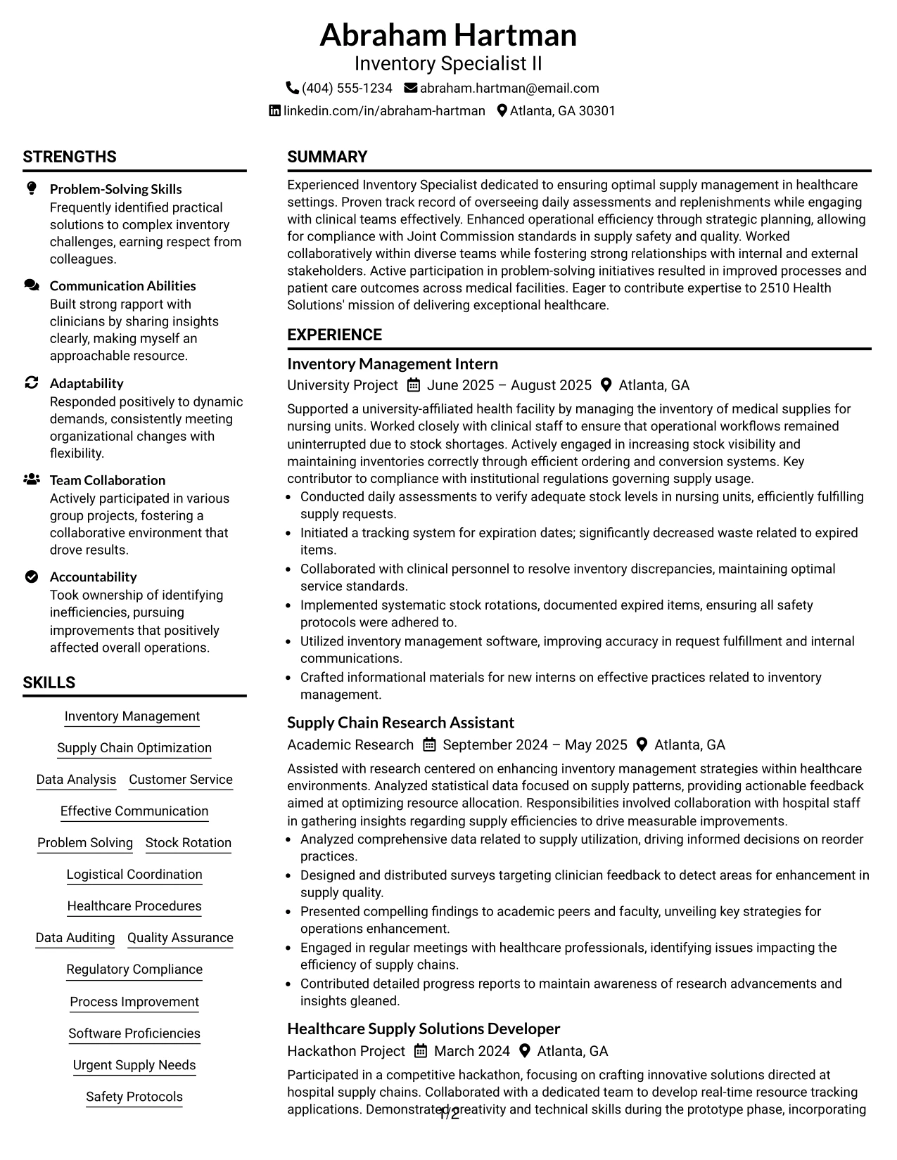 Resume Example Page 1