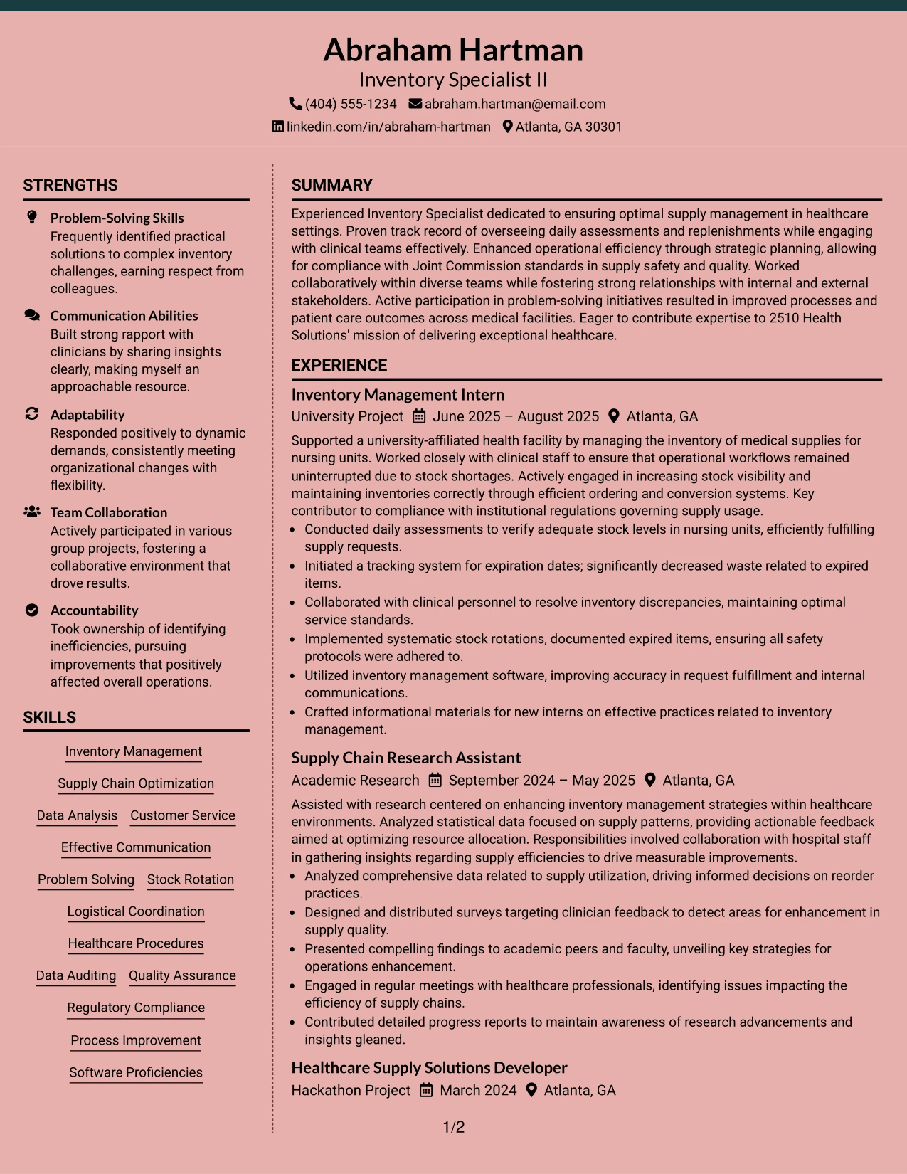Resume Example Page 1