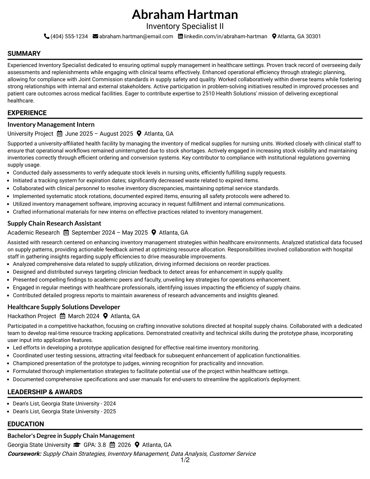 Resume Example Page 1