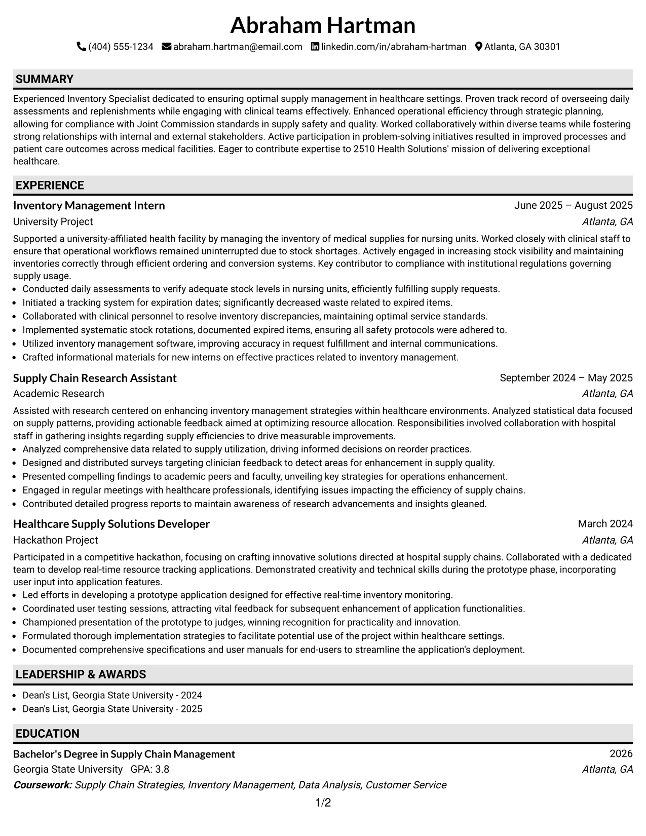 Resume Example Page 1
