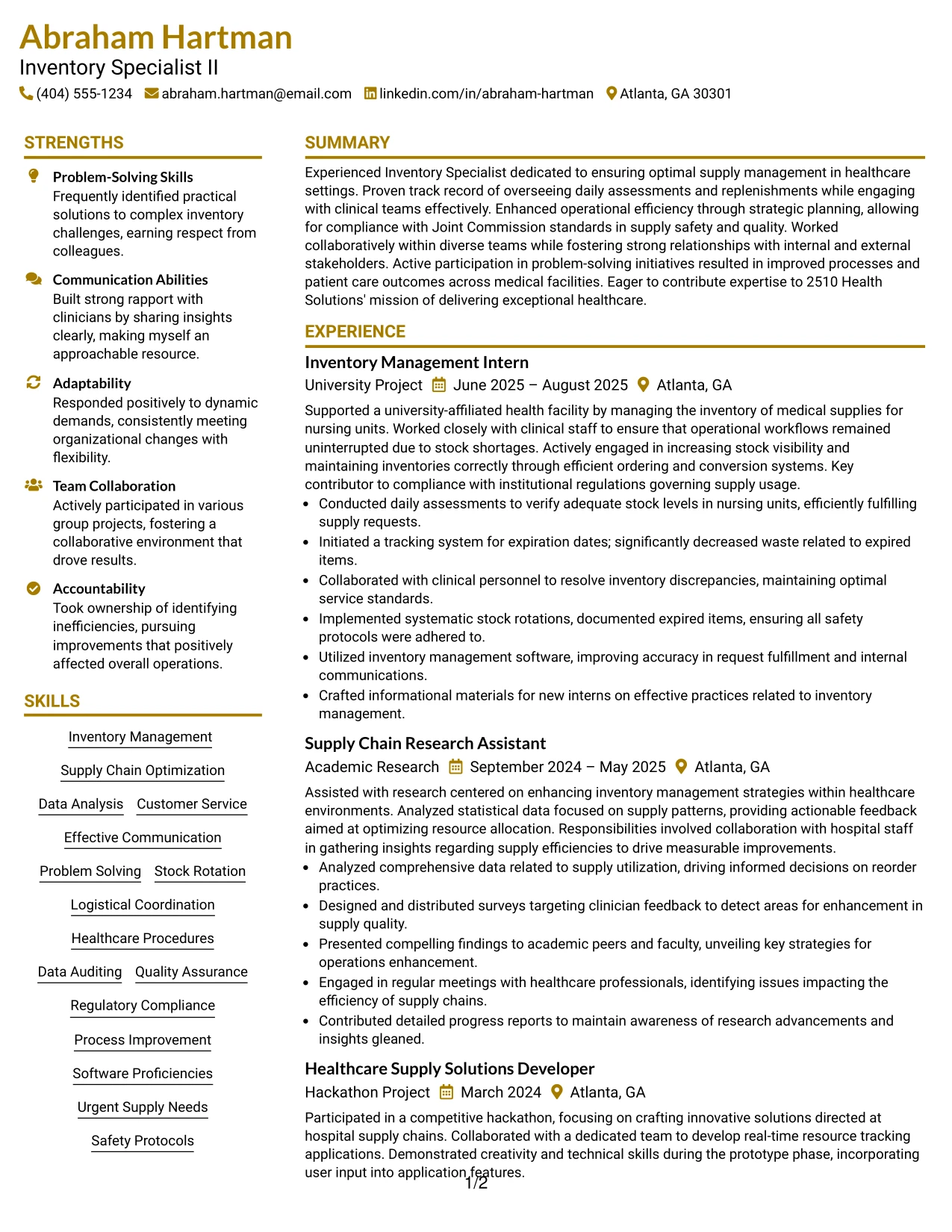 Resume Example Page 1