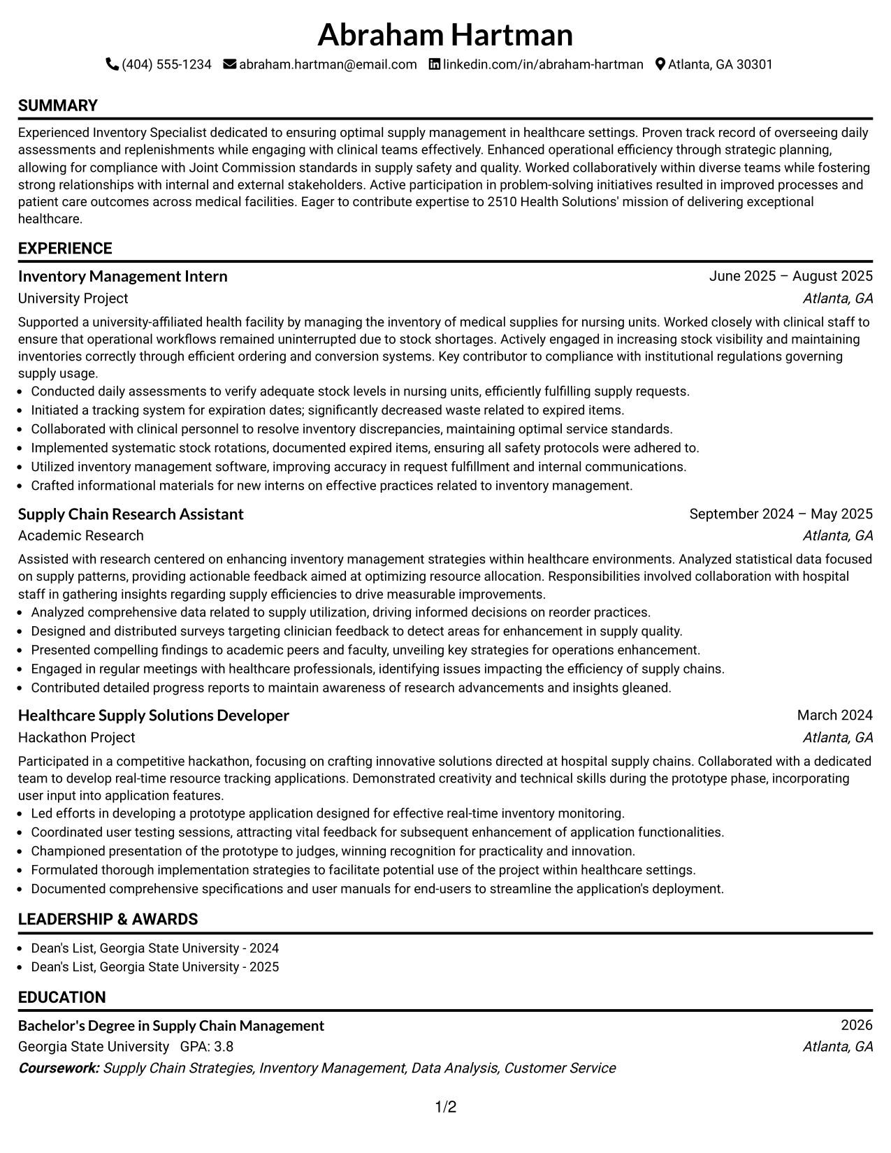 Resume Example Page 1