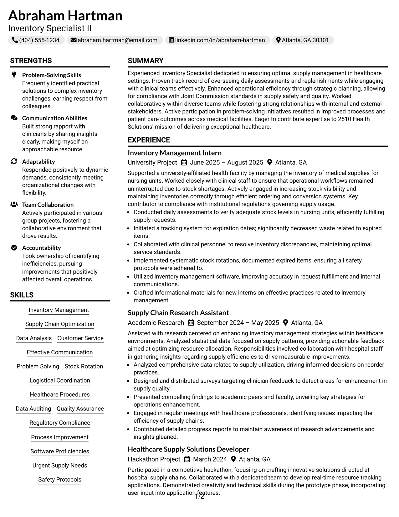 Resume Example Page 1