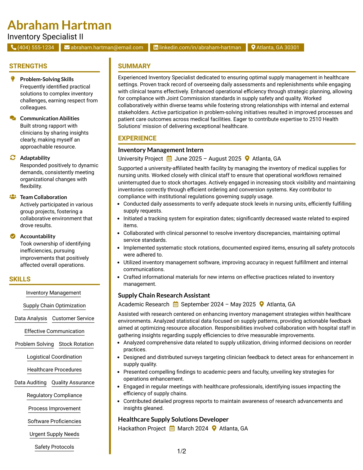 Resume Example Page 1