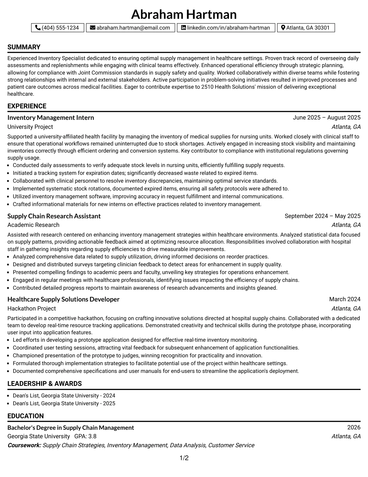 Resume Example Page 1