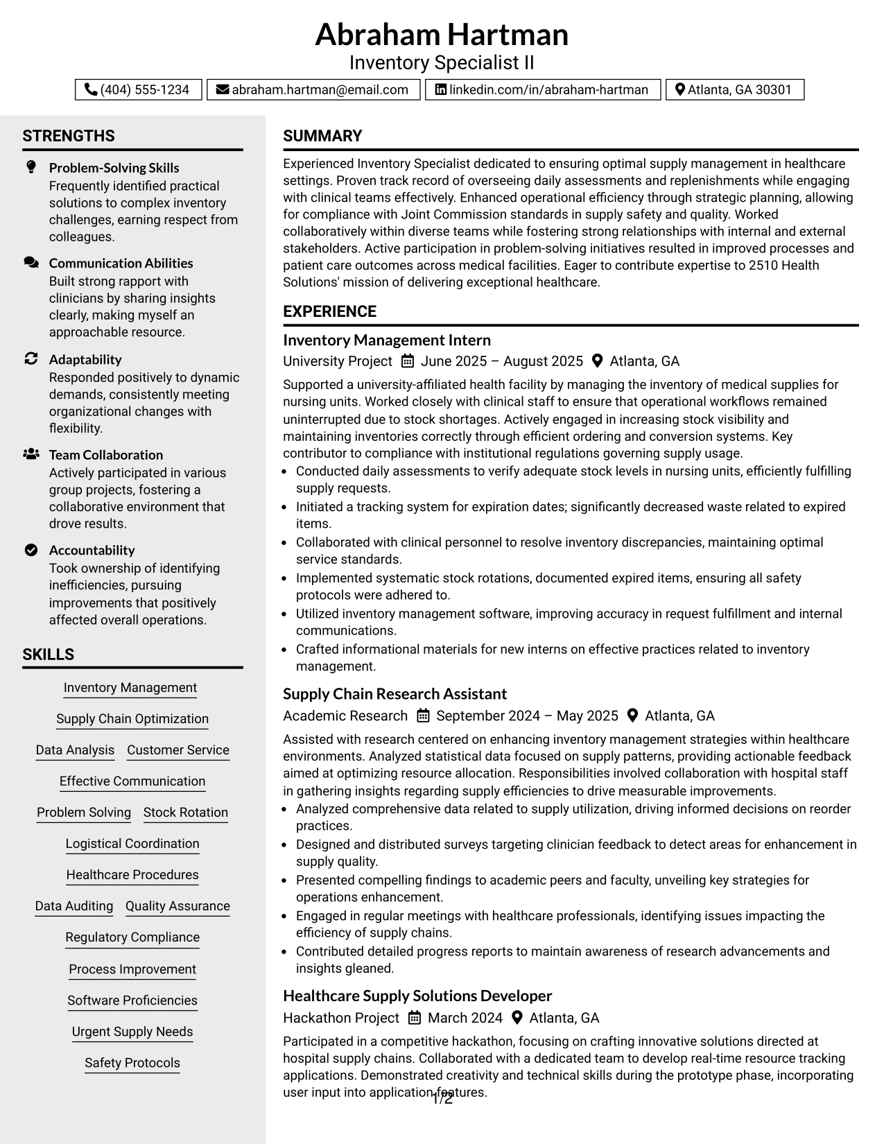 Resume Example Page 1