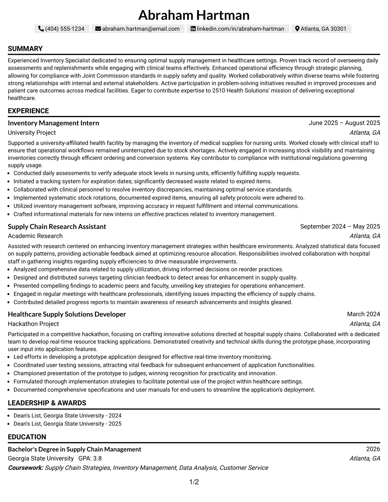 Resume Example Page 1