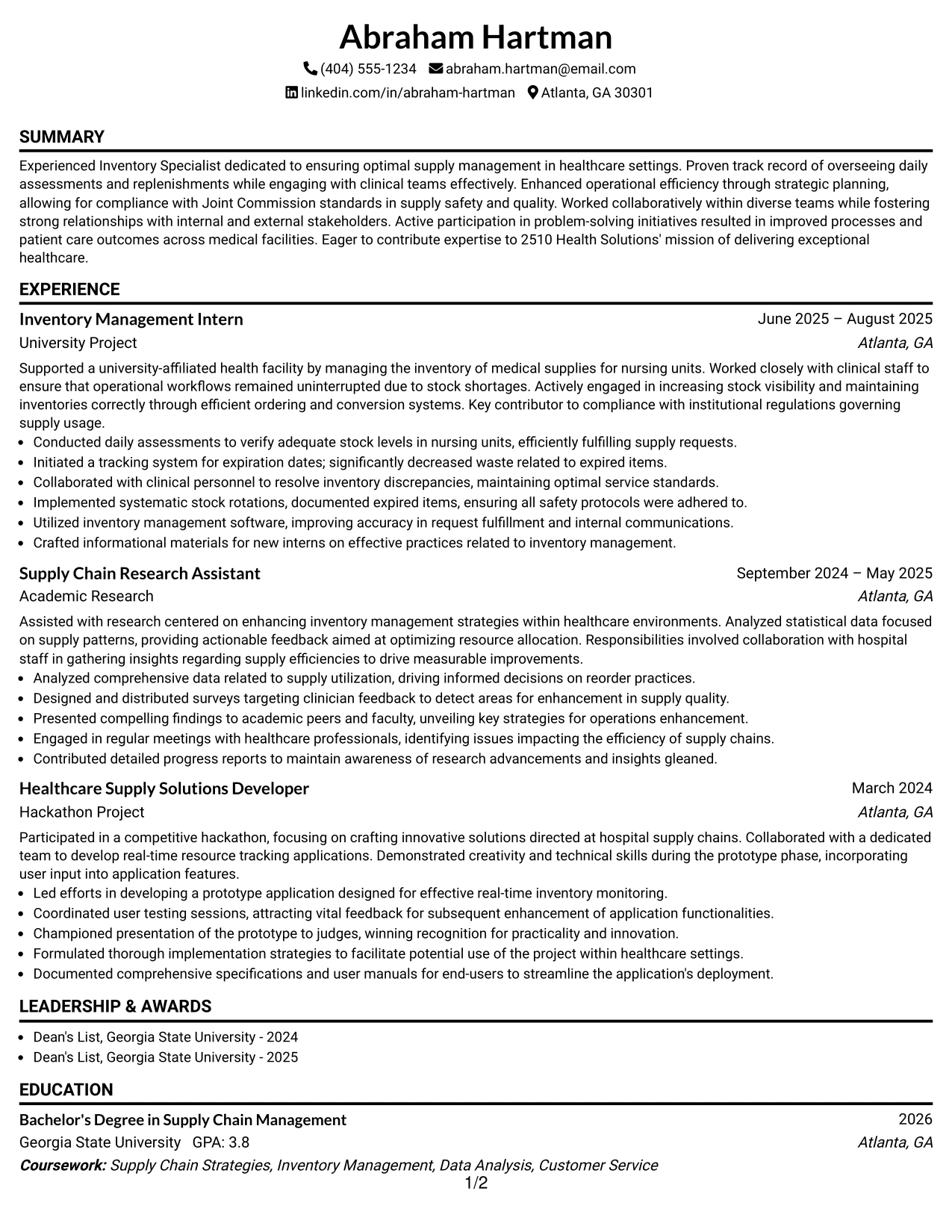 Resume Example Page 1