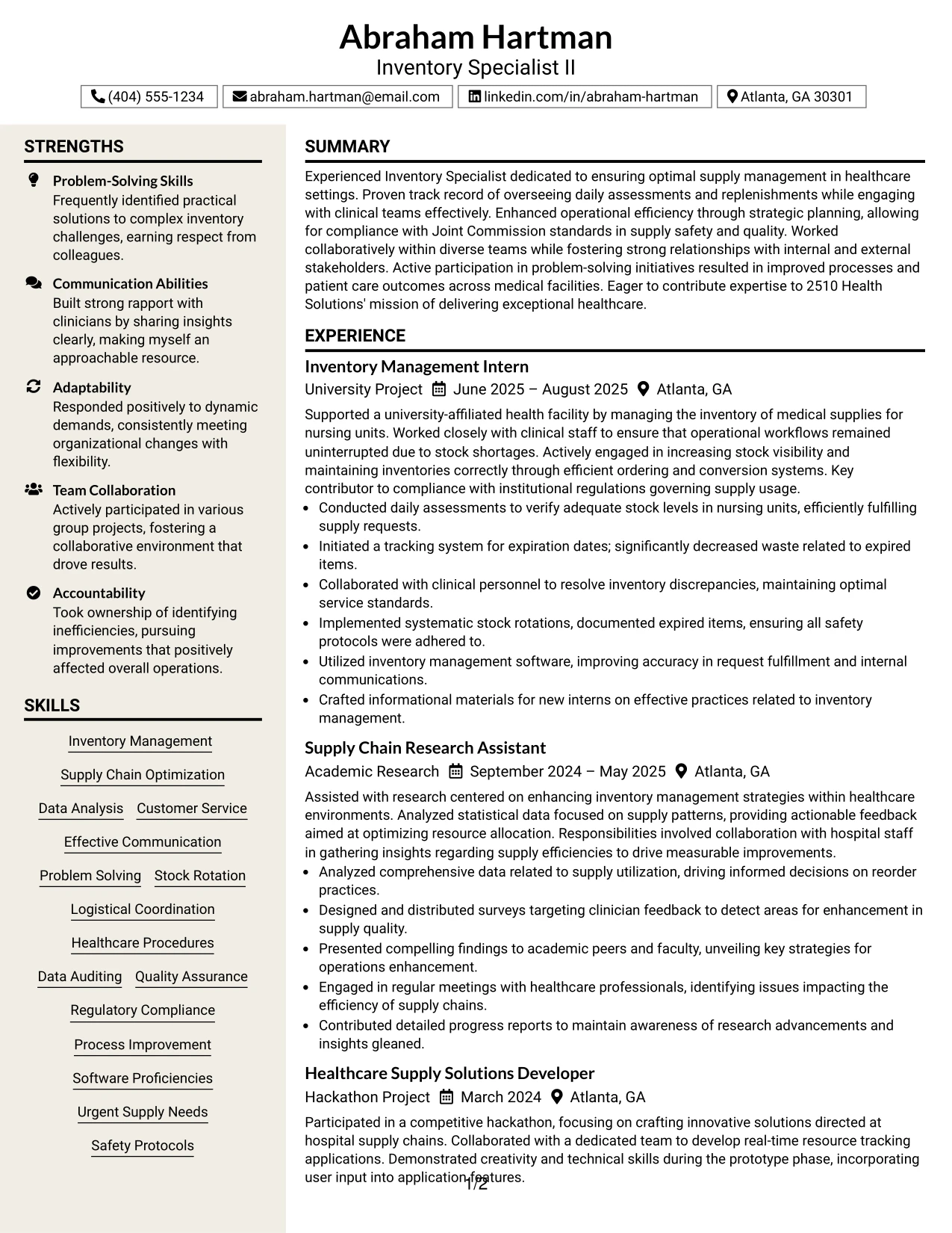 Resume Example Page 1