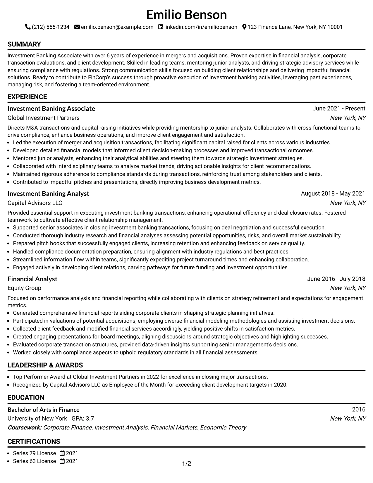 Resume Example Page 1