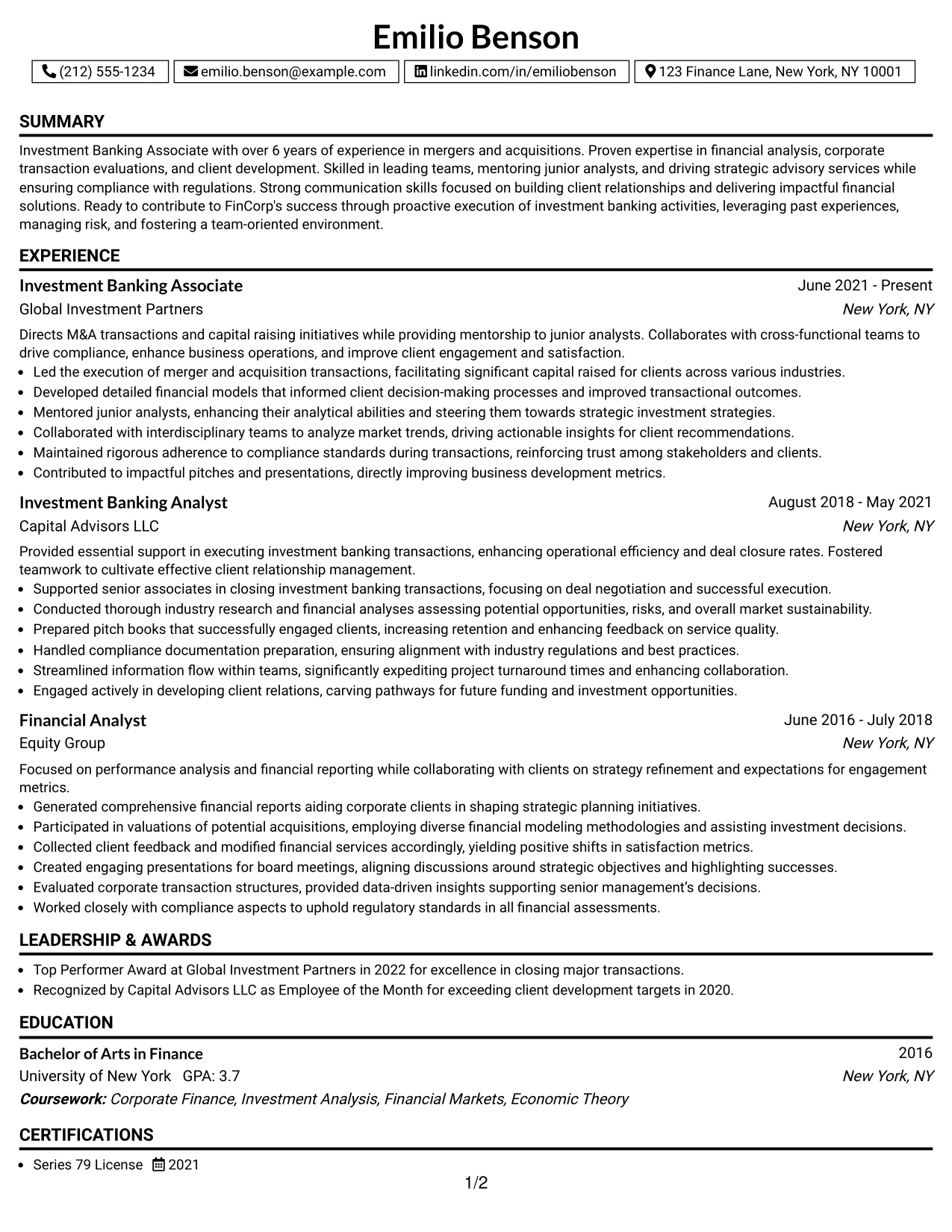 Resume Example Page 1