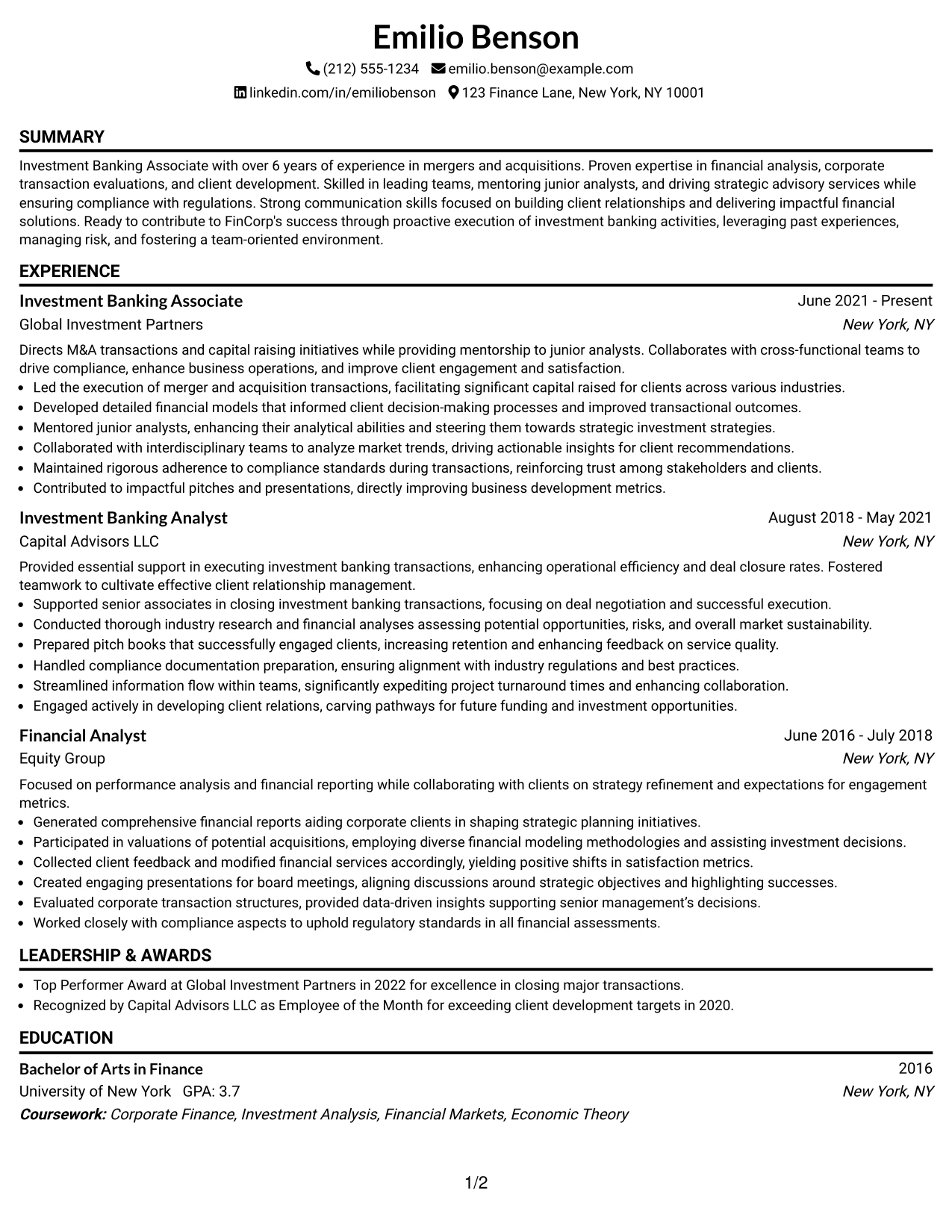 Resume Example Page 1