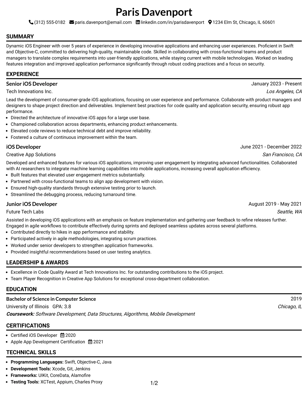 Resume Example Page 1
